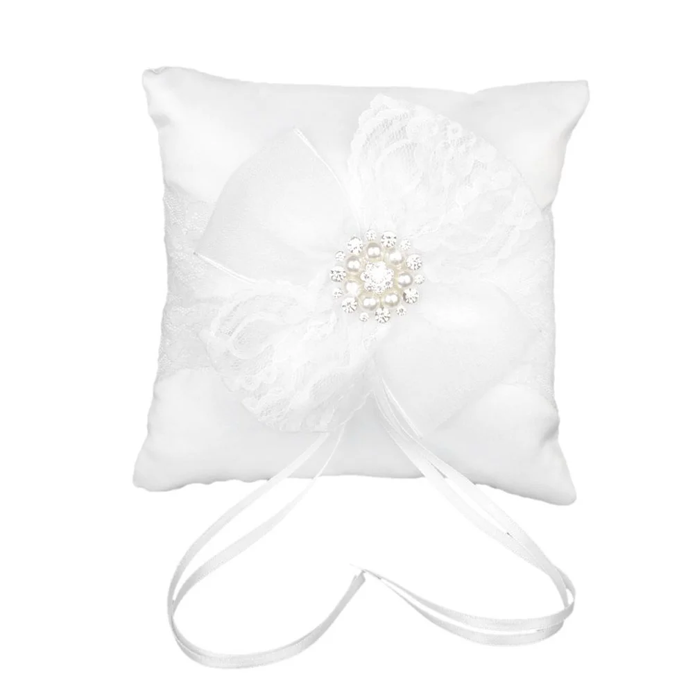 

15*15cm Sparkling Rhinestones Bridal Wedding Ceremony Ring Bearer Pillow with Ribbon (White)