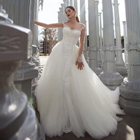 sexy long sleeves wedding dress mermaid detachable train luxury lace applique bridal gown illusion buttons zipper robe de mari%c3%a9e