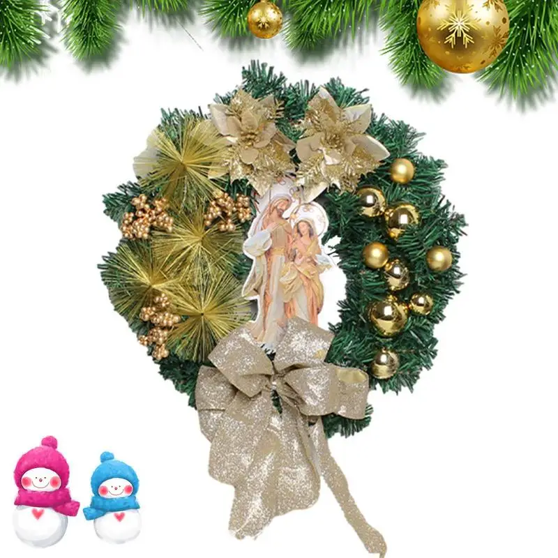 

Christmas Wreath Handcrafted Jesus Door Hanging | Christmas Decorations Scene Layout Props With Golden Bows Bells Balls Flowers