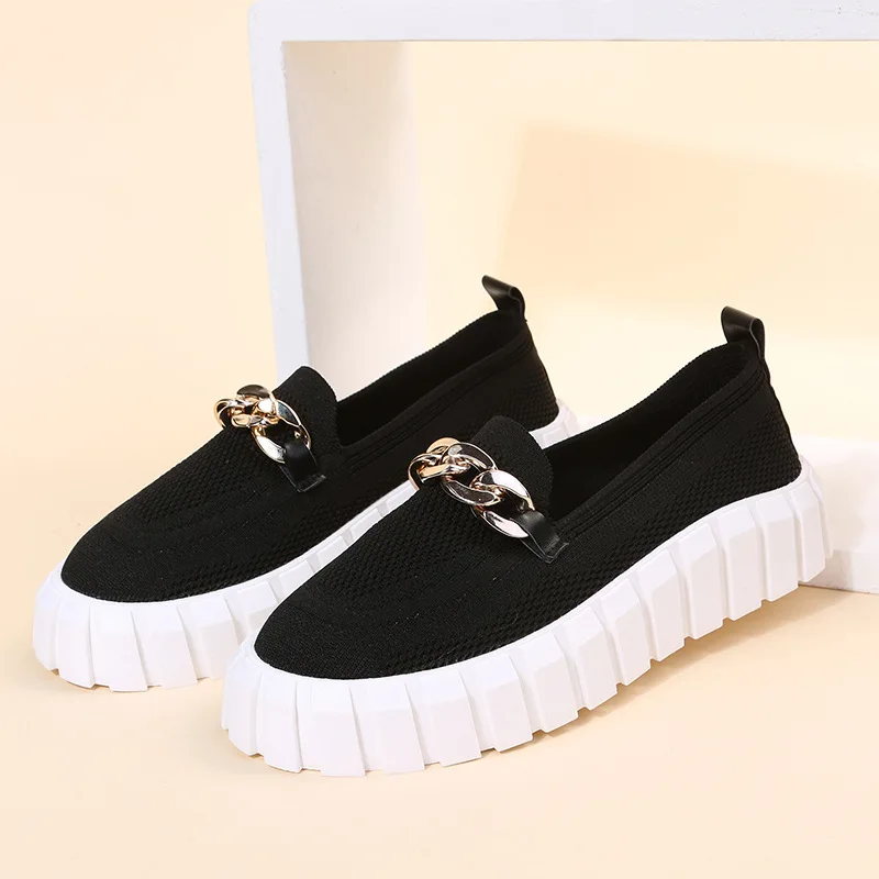 Black Women's Chain Loafer Flats Women Round Toe Slip on Mesh Sneaker Casual Shoes Fabric Flats Breathable Comfy Walking Shoes