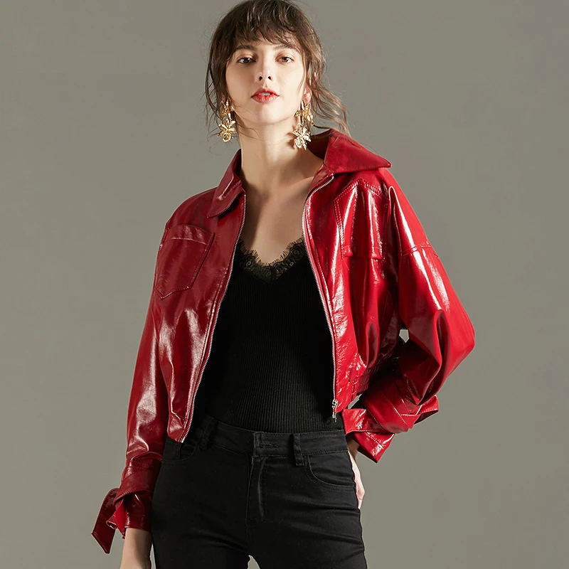 

Women's Short Patent Leather Moto Bike Jacket 2022 Autumn Winter Vintage Fashion PU Top Cool Girl Red All-match Outerwear