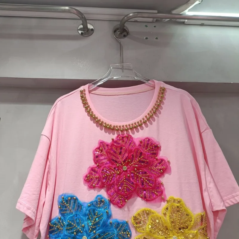 Корейский стиль темперамент универсальная футболка с круглым вырезом и бусинами