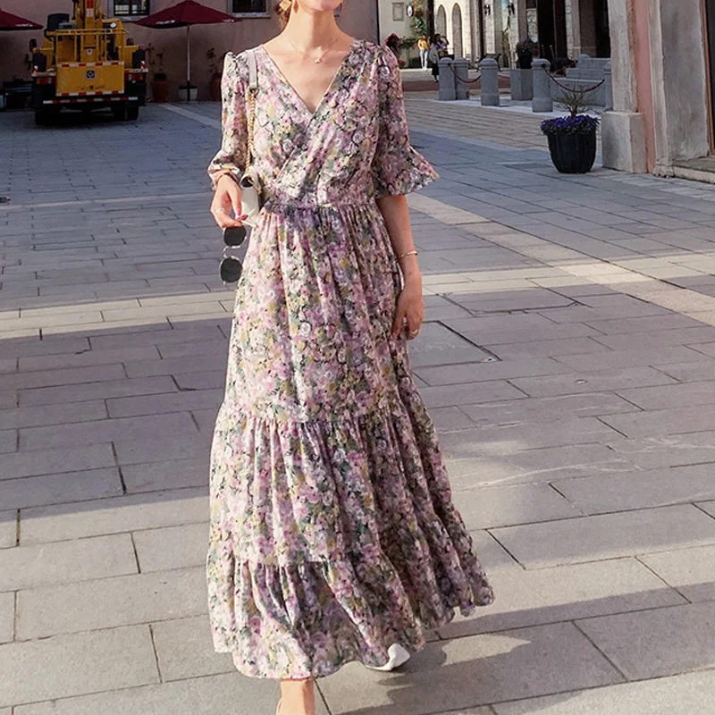 

Women V Neck Maxi Dresses Summer Vintage Purple Floral Casual Loose Half Sleeve A-line Long Dresses Female Beach Party Robe