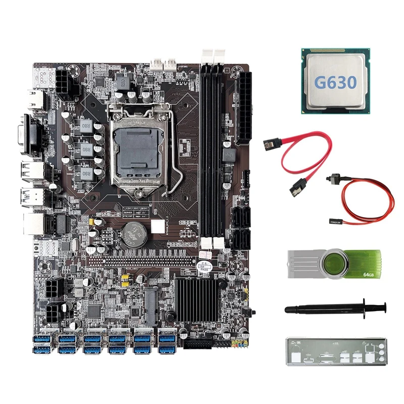 

Материнская плата B75 ETH для майнинга, ЦП 12USB3.0 + G630 + Драйвер USB 64 ГБ + кабель SATA + кабель переключателя + термопаста + перегородка для майнинга BTC