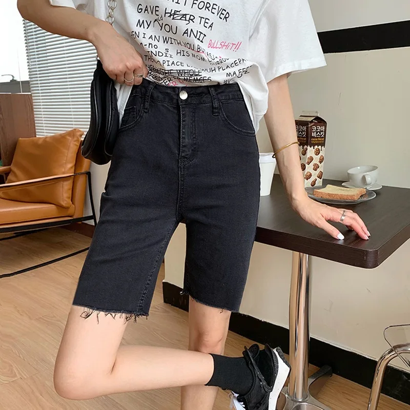 

Perforated Denim Shorts Women's Summer New Black High Waist Elastic Slim Fit, Versatile Cycling 5/4 Mid Pants Fashion