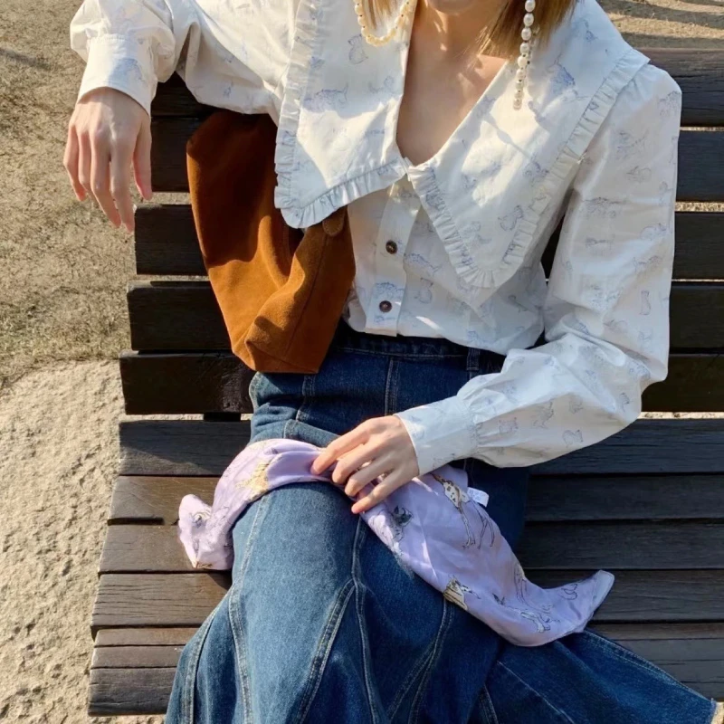 

Gan*i 2022 Women's Cat Print Ruffled Collar Long Sleeved Shirt