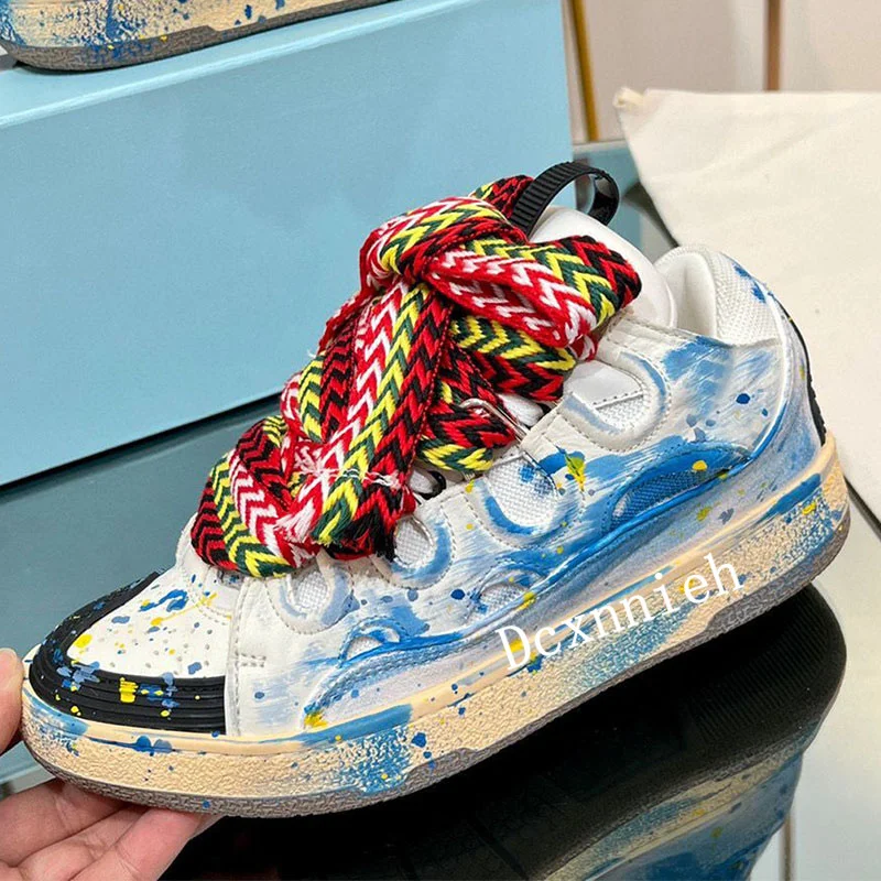 z prawdziwej skóry Graffiti grube podeszwy obuwie mieszane kolory wszechstronne trampki wiosenne oddychające sznurowane płaskie buty unisex