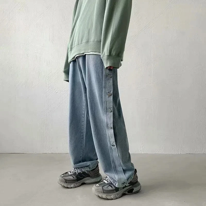 Autumn Winter Vintage Blue Straight Jeans Men Fashion Double Side Button Wide Leg Pants Streetwear Oversized Hip Hop Trousers