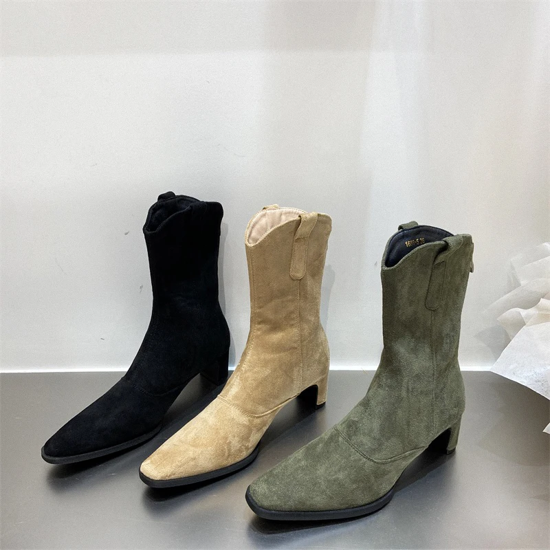 

Square Toe Women Ankle Boots Flock Slip On Thick Mid Heels Black/Beige/Green Back Zipper 2022 New Arrivals Square Toe Sock Botas