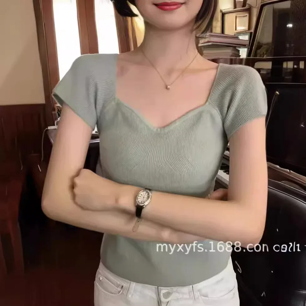 Разумный Женский трикотажный топ с V-образным вырезом и коротким рукавом