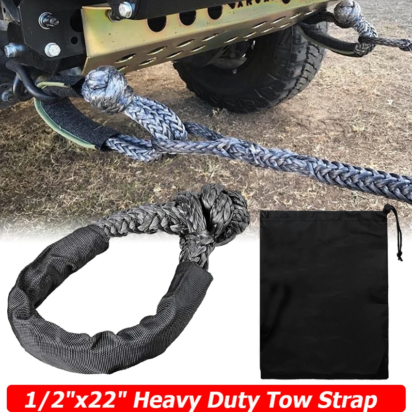 

1/2"x22" Universal For Jeep Ford Offroad Shatter Resistant Synthetic Soft Shackle Rope Heavy Duty Tow Strap w/ Protective Sleeve
