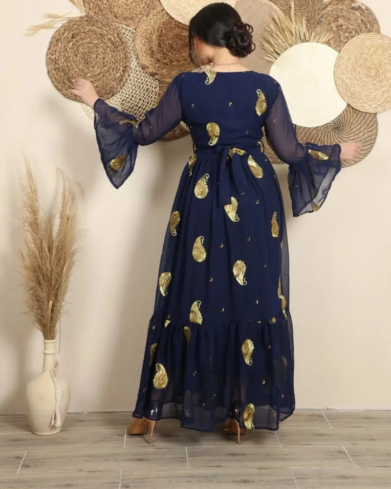 PLEINDI Bohemian Evening Dresses V-Neck Straight Long Sleeves Ankle-Length Chiffon 2022 New of Sequined Boho Prom Dress Women