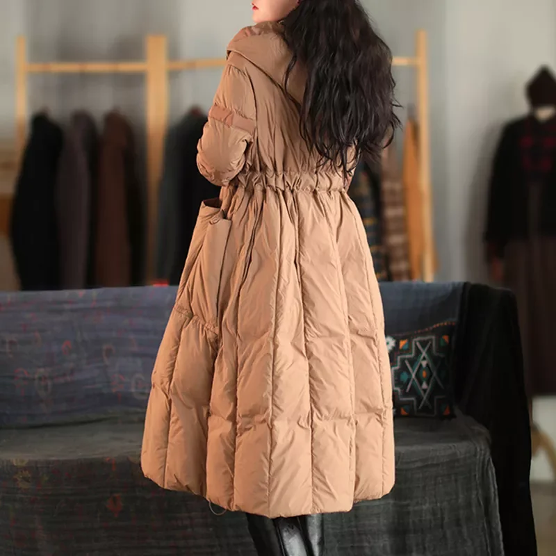 New2022 Winter Women Loose Thick Warm Hooded 90% White Duck Down Long Coat with Belt Vintage Female Snow Down Jacket Outwear