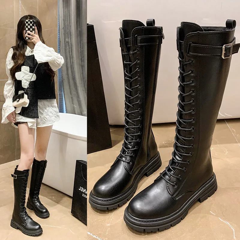 

New Flashion Women Combat Boots Antumn Female High Platform Gothic Shoes Black Leather Boots Lace Up Women Knee High Boots
