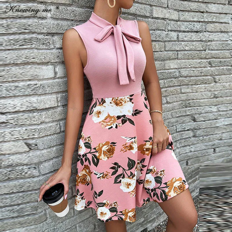 

Women Summer dress Elegant sexy sleeveless A-line dress Office Lady bow tie collar floral print party dress Vestidos 3XL