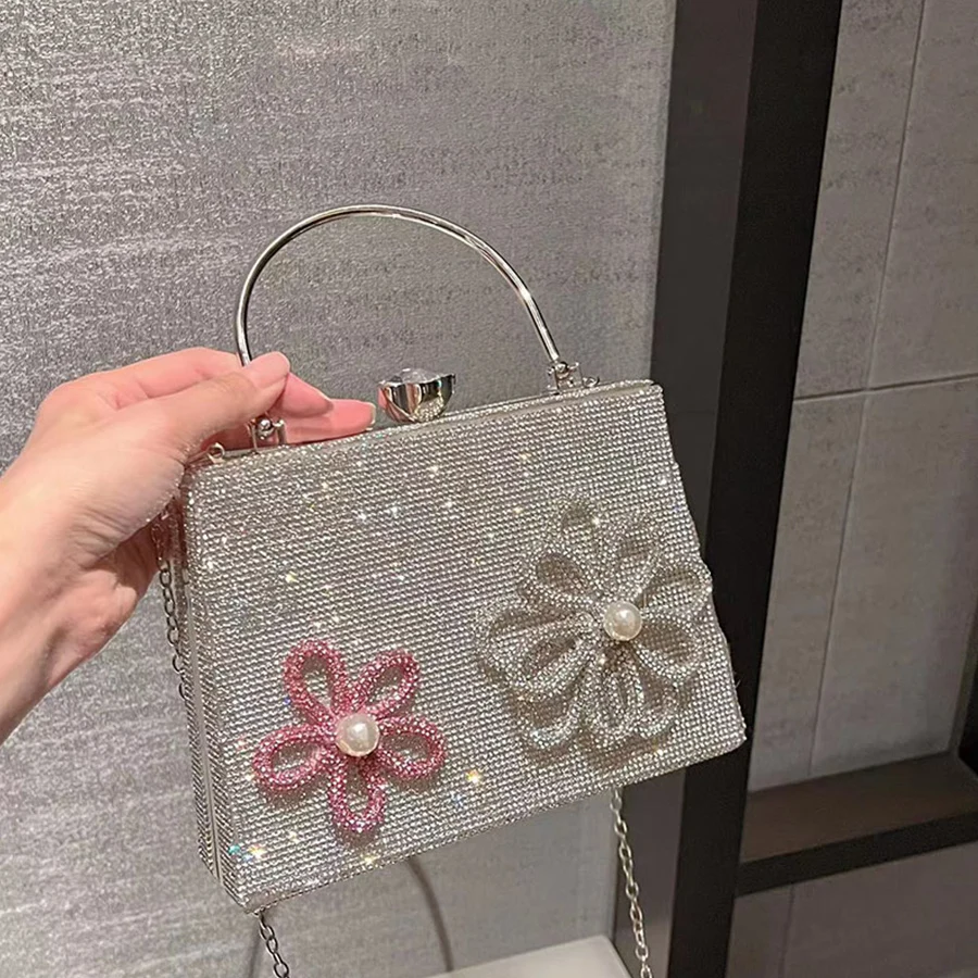 

Розовая коробка для любви, блестящая маленькая квадратная сумка с бриллиантами и цветами, раскладушка с кольцом, металлическая женская цеп...