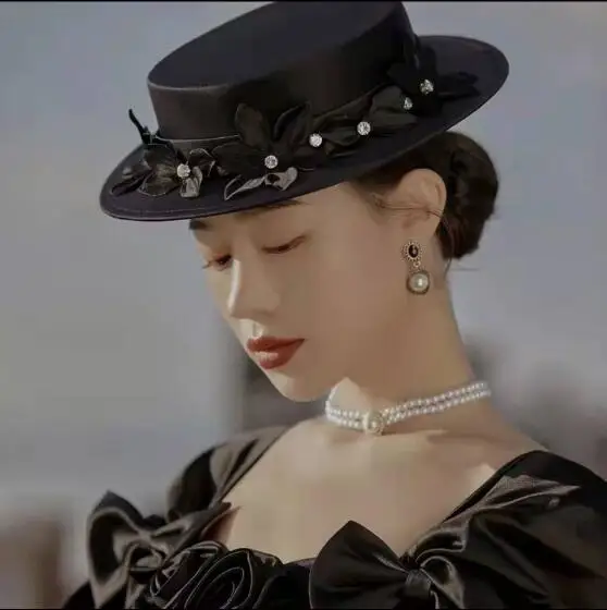 

French Retro Hat Bridal Headwear Cap Black Vintage Flower Spring Women