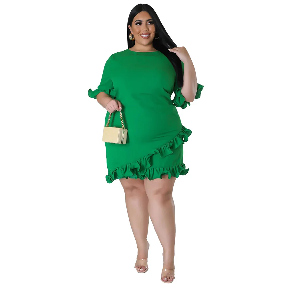 Plus Size Summer Fashion Ruffles Women Casual Dress Half Sleeves Round Neck Solid Elegant Ladies Party Mini 3xl 4xl 5xl 6xl