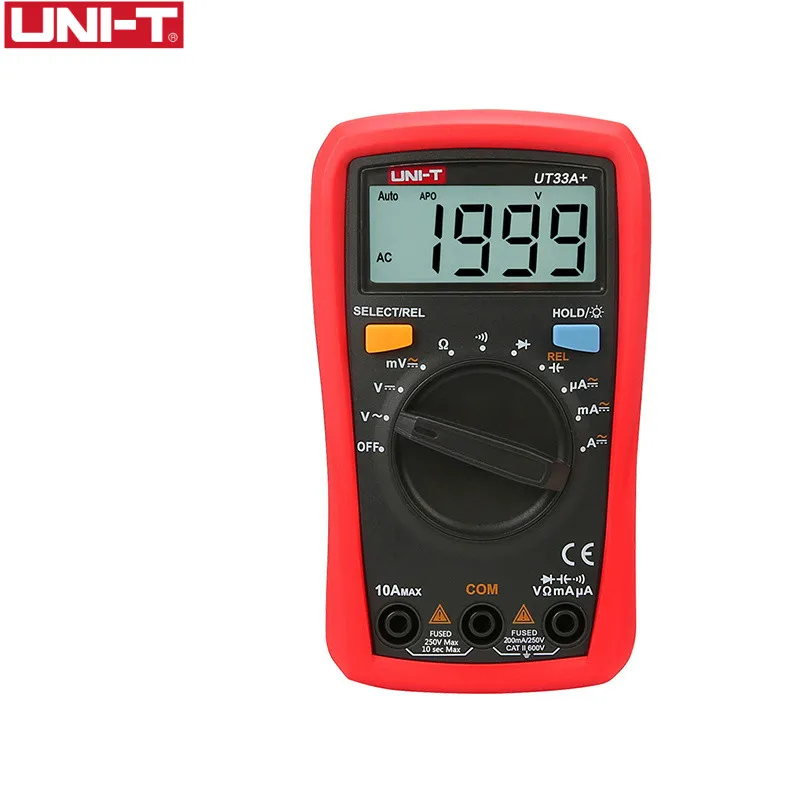 

UNI-T UT33A+ Digital Multimeter Auto Range 600V 10A AC DC Voltage Current Resistance +2mF Capacitance Tester Backlight Display