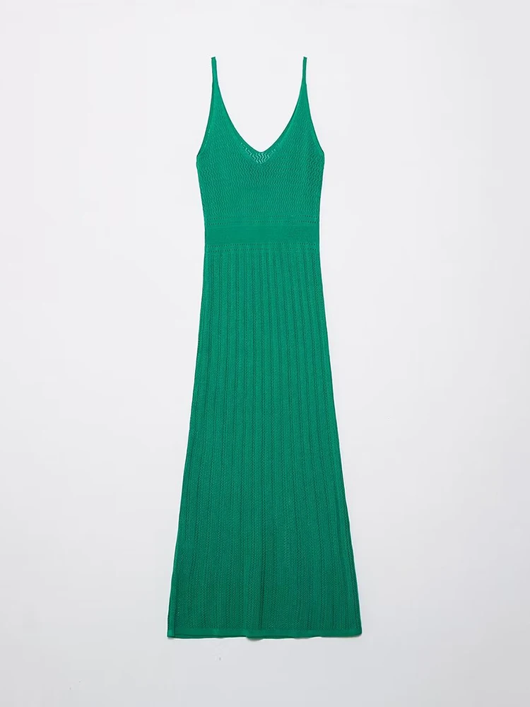 

New Women Fashion Thin Straps Green Knit Dress Sexy Sleeveless V Neck Female Slim Midi Vestido