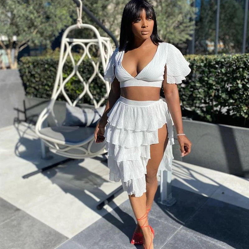 Women Soild Cake Dress Set Summer Deep V Neck Short Puff Sleeve Crop Top And Split Mini Ruffle Dress Sexy Beach Matching Set