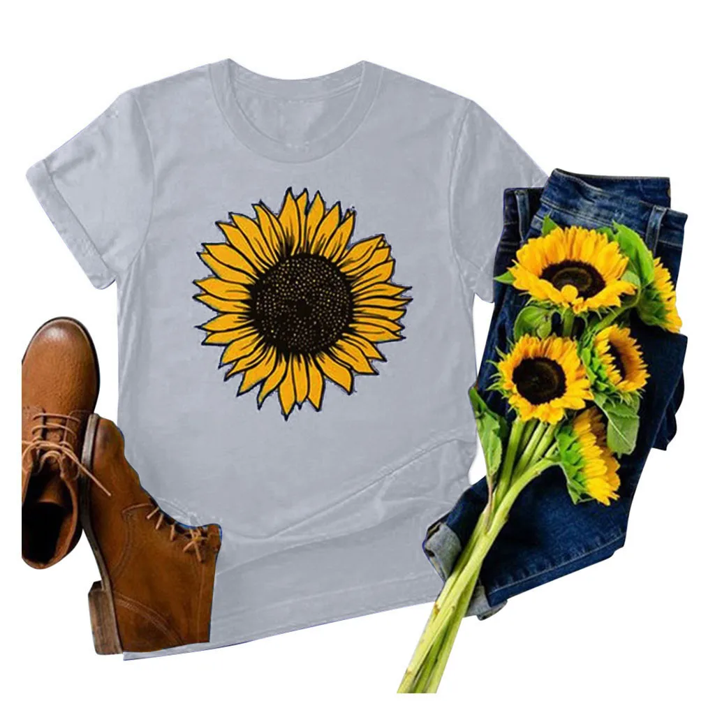 

Women Sunflower Print Round Neck Short Sleeved T-shirt Blouse Tops