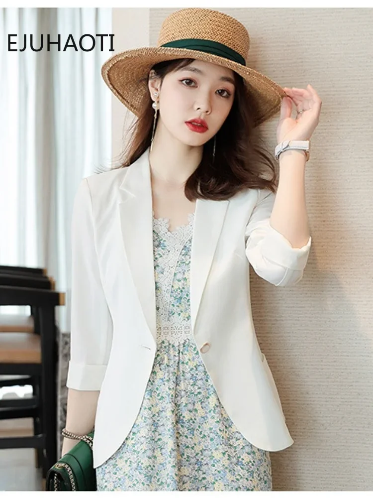 

2023 New Casual Small Suit Jacket Women's Green Spring/Summer High Quality Korean Version Three Quarter Sleeve Thin Blazers Coat