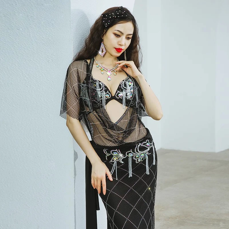 Черный костюм для танца живота Shaabi Baladi женский египетского групповой со стразами