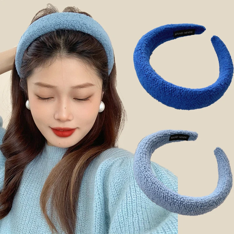 

2022 New Wide Side Blue Plush Headband Female Thicken Winter Lamb Hair Hairbands Korean Fashion Girls Solid Hair Accessories