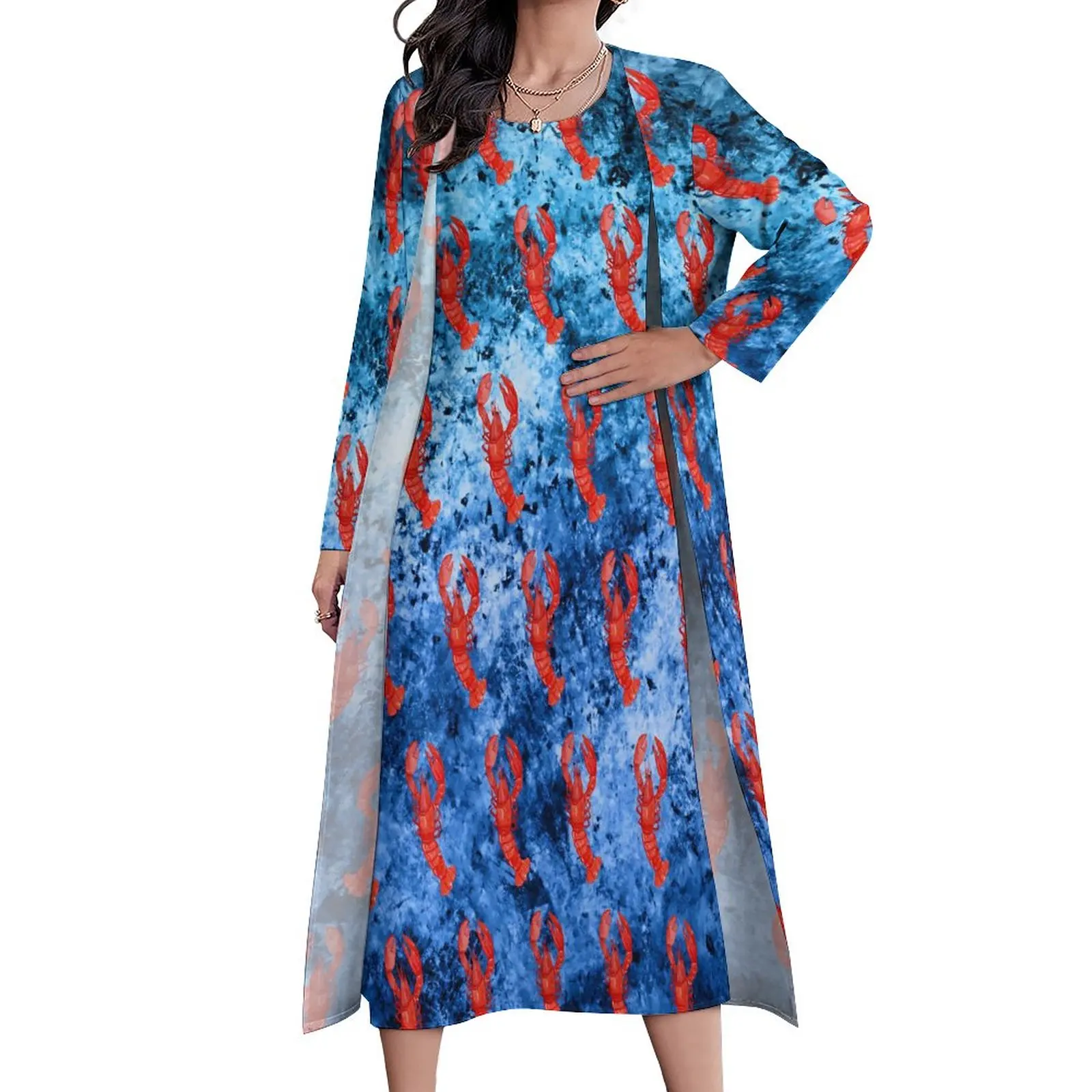 

Lobsters Print Dress Nautical Waves Night Club Maxi Dress Two Piece Graphic Bohemia Long Dresses Street Wear Oversized Vestidos