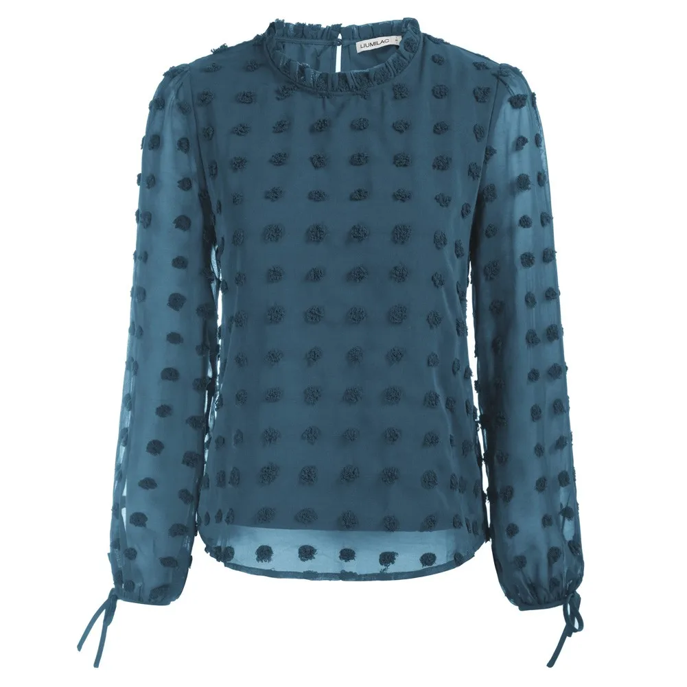 

Liumilac Women Tops Ruffed Neck Blouse Puffed Long Sleeve Work Wear Shirts Elegant Keyhole Back Tops Women's Blusas Clothe