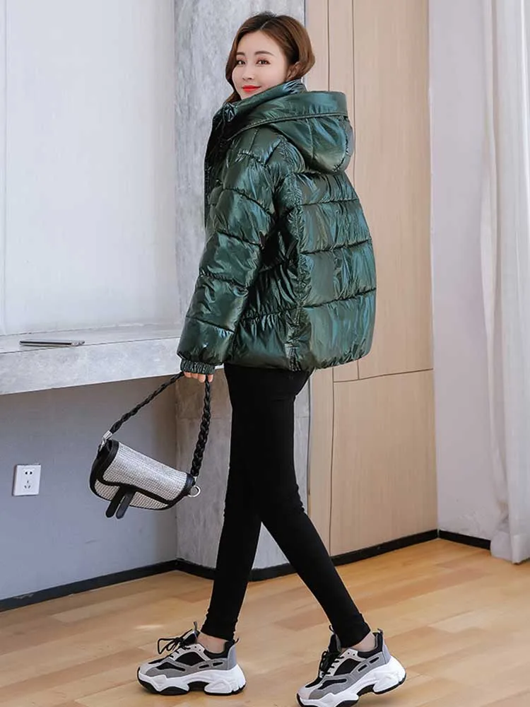 New Design Women Winter Coat Two Big Pockets Stand Collar Cool Female Outwar Parka Solid Shining Fabric Navy Blue Green Coat