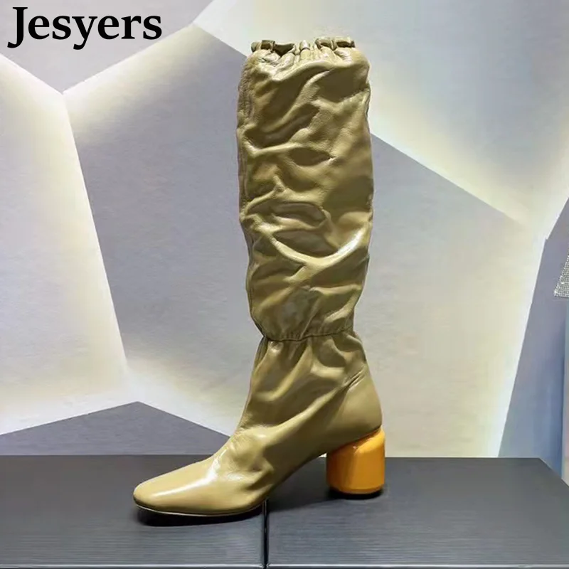 

Женские модельные сапоги до колена, демисезонные плиссированные сапоги из натуральной кожи на массивном каблуке, разноцветные сапоги с эла...