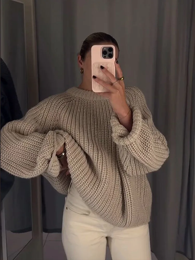 Однотонный свободный женский свитер с круглым вырезом повседневный вязаный
