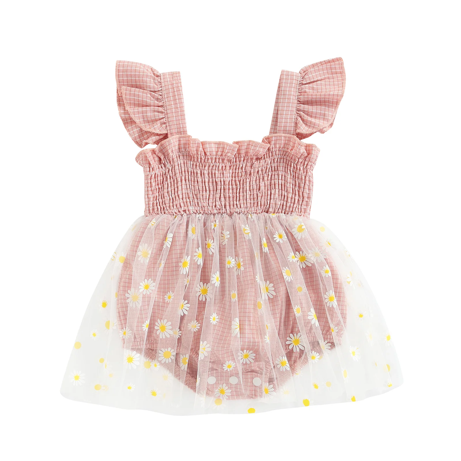 

2022-02-09 Lioraitiin 0-24M Newborn Girl Fly Sleeve Romper Plaid Pattern Daisy Printed Mesh Patchwork Pleated Playsuit