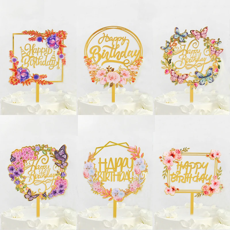 

Flower Happy Birthday Cake Topper Gold Acrylic Letter Cupcake Toppers for Birthday Baby Shower Party Decor DIY Baking Supplies