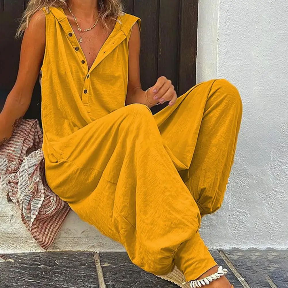 

Popular Summer Jumpsuit Loose-fitting Decorative Cotton Blend Summer Single-breasted Jumpsuit Costume