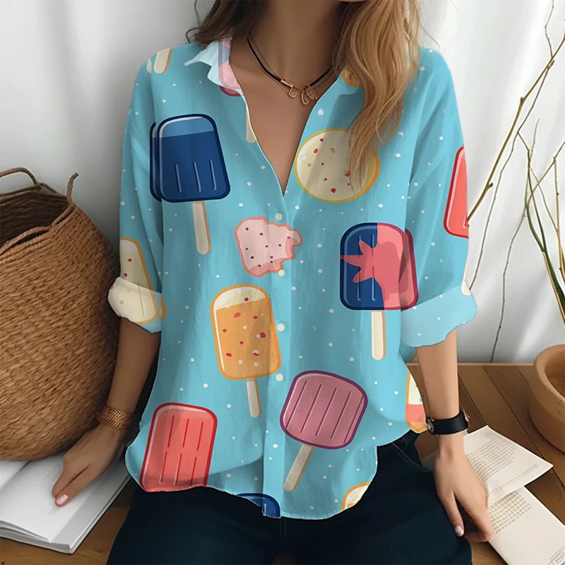 

Casual Women's Popsicle 3D Print Shirt Long Sleeve Single Breasted Turn-down Collar Female Shirts Fashion Loose Street Tops