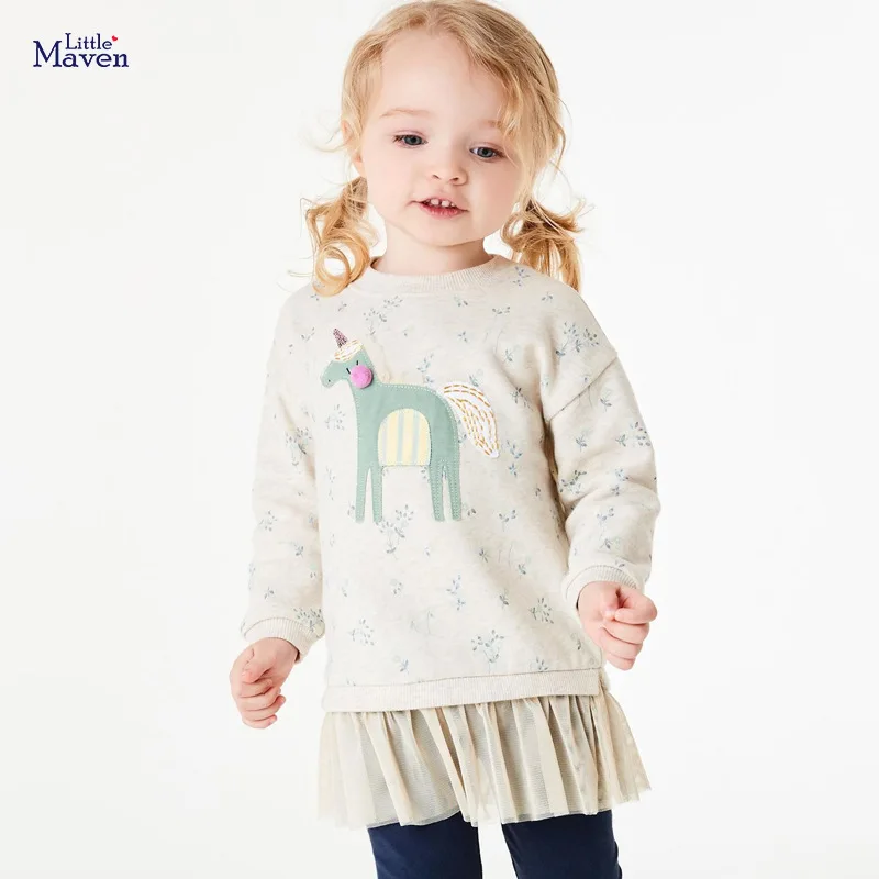

Little maven 2022 Spring and Autumn Clothes Baby Girls Cotton Casual Unicorn Dress Lovely and Sweet for Kids 2-7 year