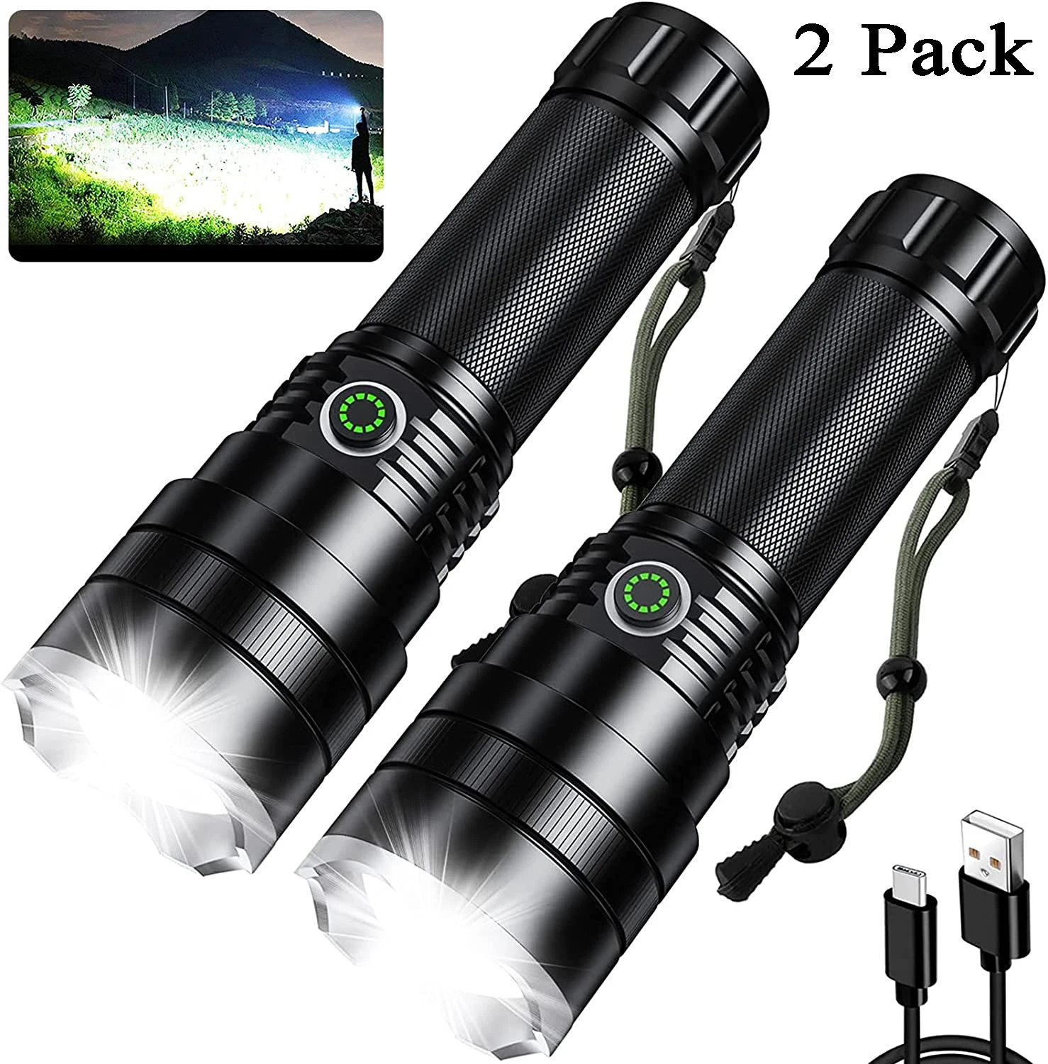 

D2 2 Pack Rechargeable Flashlights Super Bright Led Tactical Flashlight 4 Modes Zoomable Powerful Handheld EDC Flash Light Torch