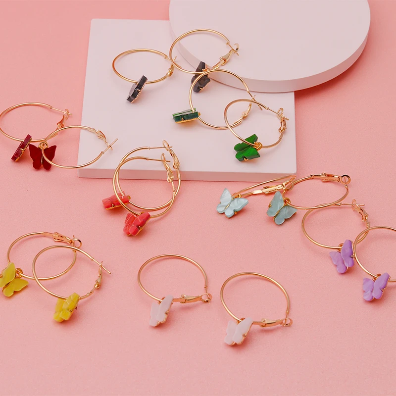 

Simple Style Big Circle Earrings Resin Butterfly Charm for Women 9 Styles Animal Drop Earrings Girls Children Ear Hook Jewelry