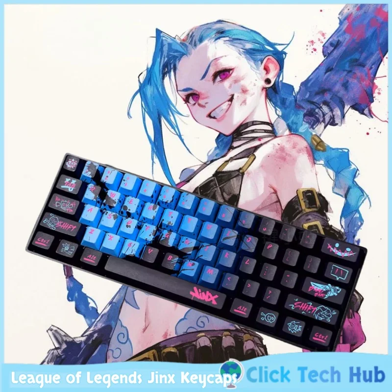 Фото Колпачки для клавиш на тему Jinx Hero 137, колпачки для клавиш с игровой тематикой, PBT, высота вишни, механическая клавиатура для киберспорта, колпачки для клавиш Wooting/Razer 68/87/108 №1