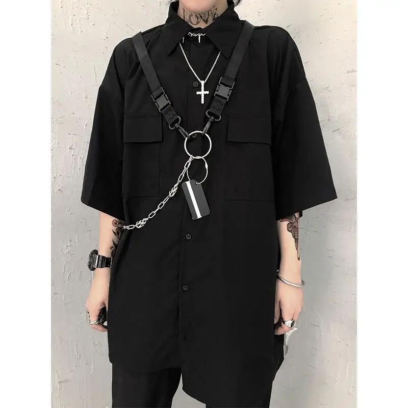 HOUZHOU Techwear готическая одежда мужская рубашка с коротким рукавом панк рейва