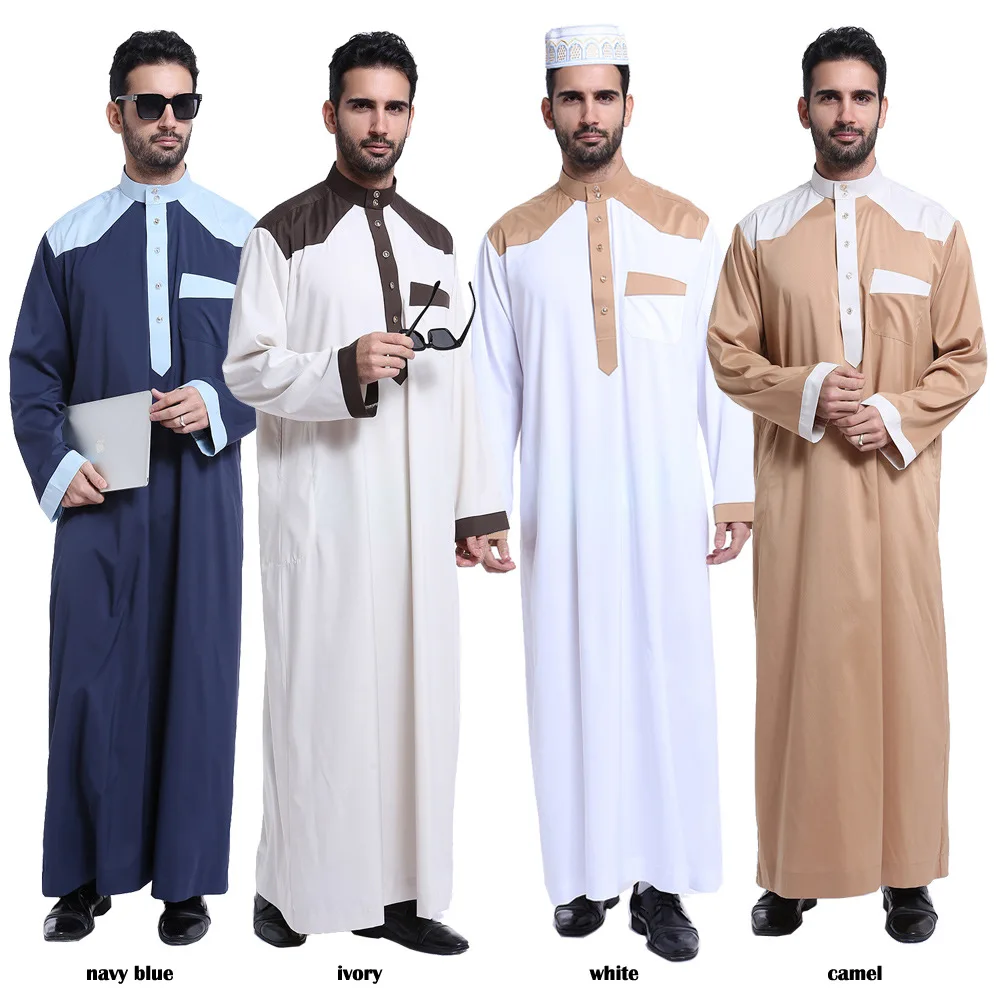 Middle East Arab National Costume Men's Muslim Robe Islamic Contrast Color Stitching Casual Long Sleeve Top Fashion Loose Dress