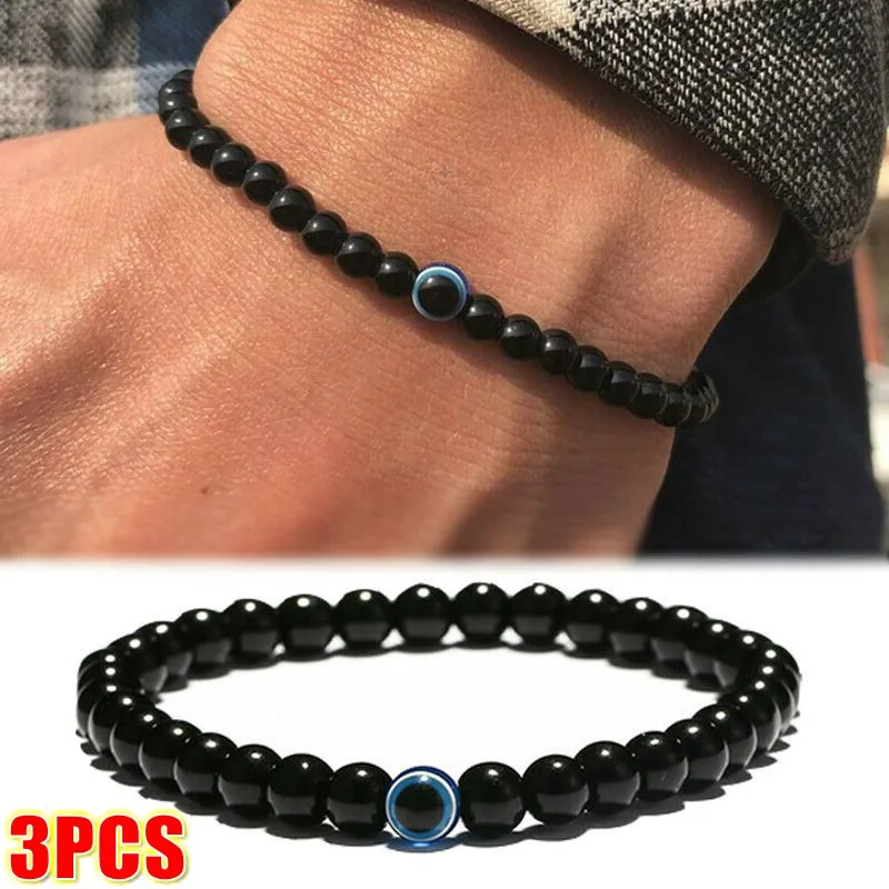 

Turkish Evil Eyes Bracelet Black Natural Stone Beads Obsidian Men Braslet for Women Men Yoga Hand Jewelry Accessories 1/3Pcs