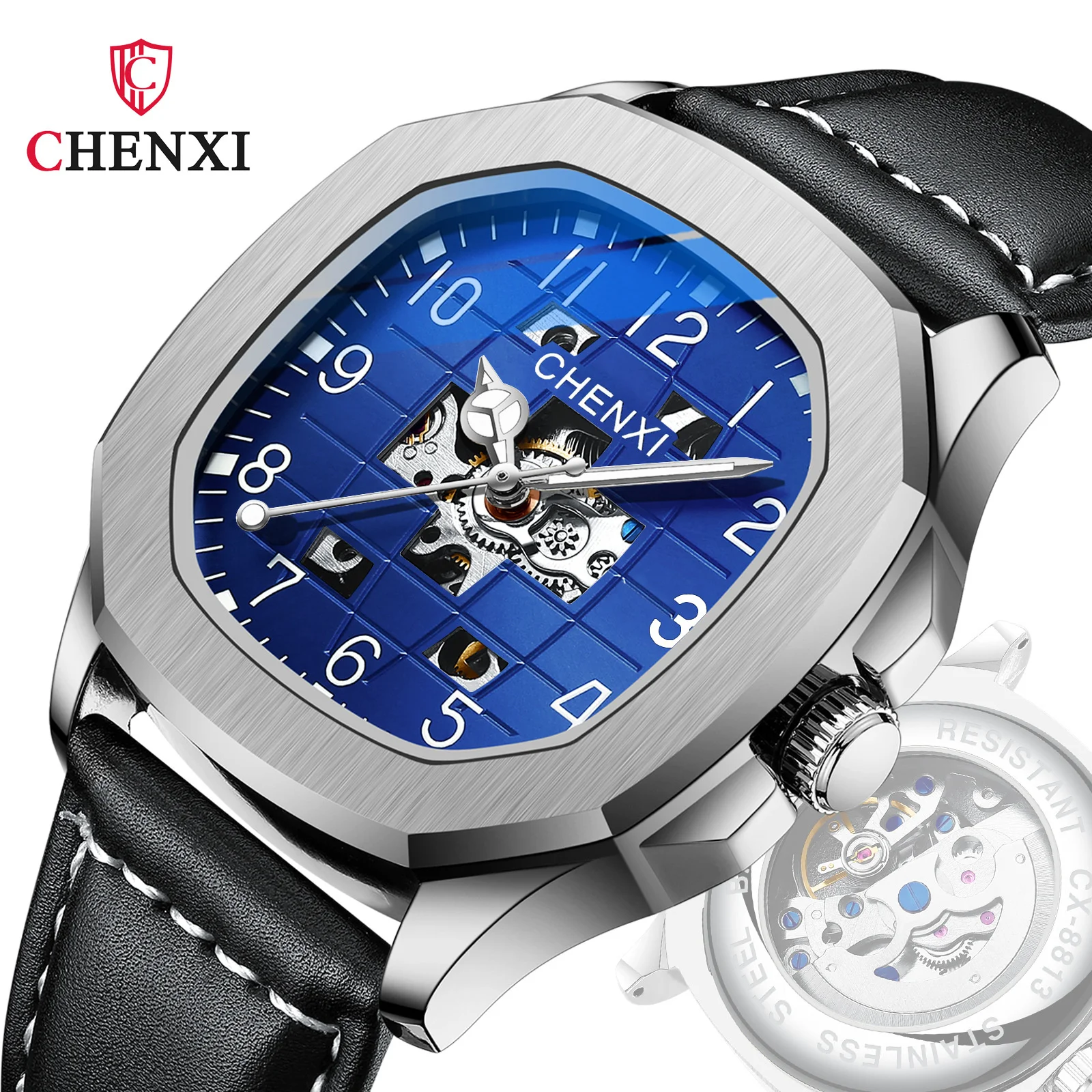 

CHENXI 8813 New Leather High-grade Square Men's Waterproof Luminous Full-automatic Hollow Mechanical Watch