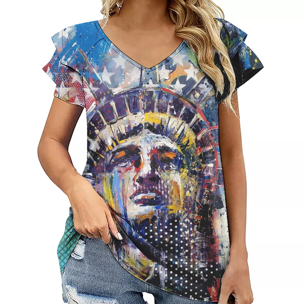 

2022 Summer Beauty Independence Day V neck double layer lotus short sleeve 3D printed T-shirt womens tops