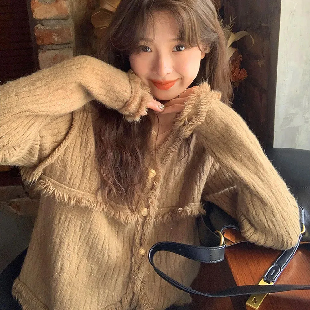 

Korean Style Vintage Knitted Cardigans Women Students Fashion Tassel Sweater Jacket Leisure Loose Sweet Streetwear Tops