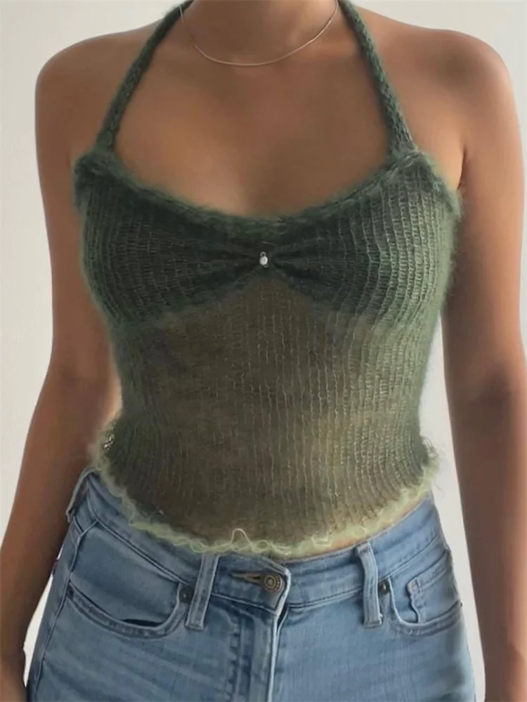 Лето 2022 г. вязаные сексуальные женские топы на бретельках с лямкой шее Y2K открытая