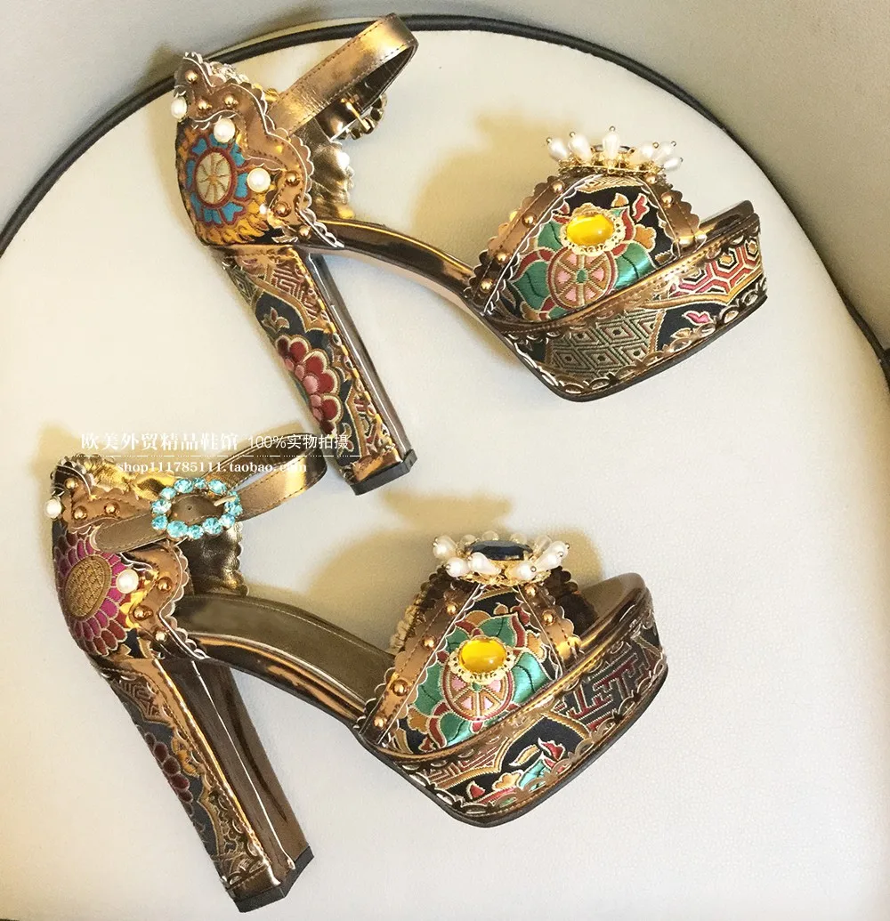 Women's Platform Pearl Retro Sandals Rough Square Heel Rhinestone Baroque Sandals 14cm High Heels Large Size 34-43 Footwear